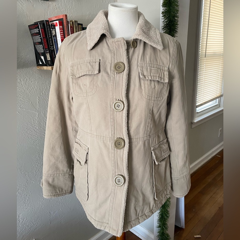 Vtg Y2K Braetan Tan Utility Gorpcore Sherpa Trim Barn Chore Coat Canvas Jacket M